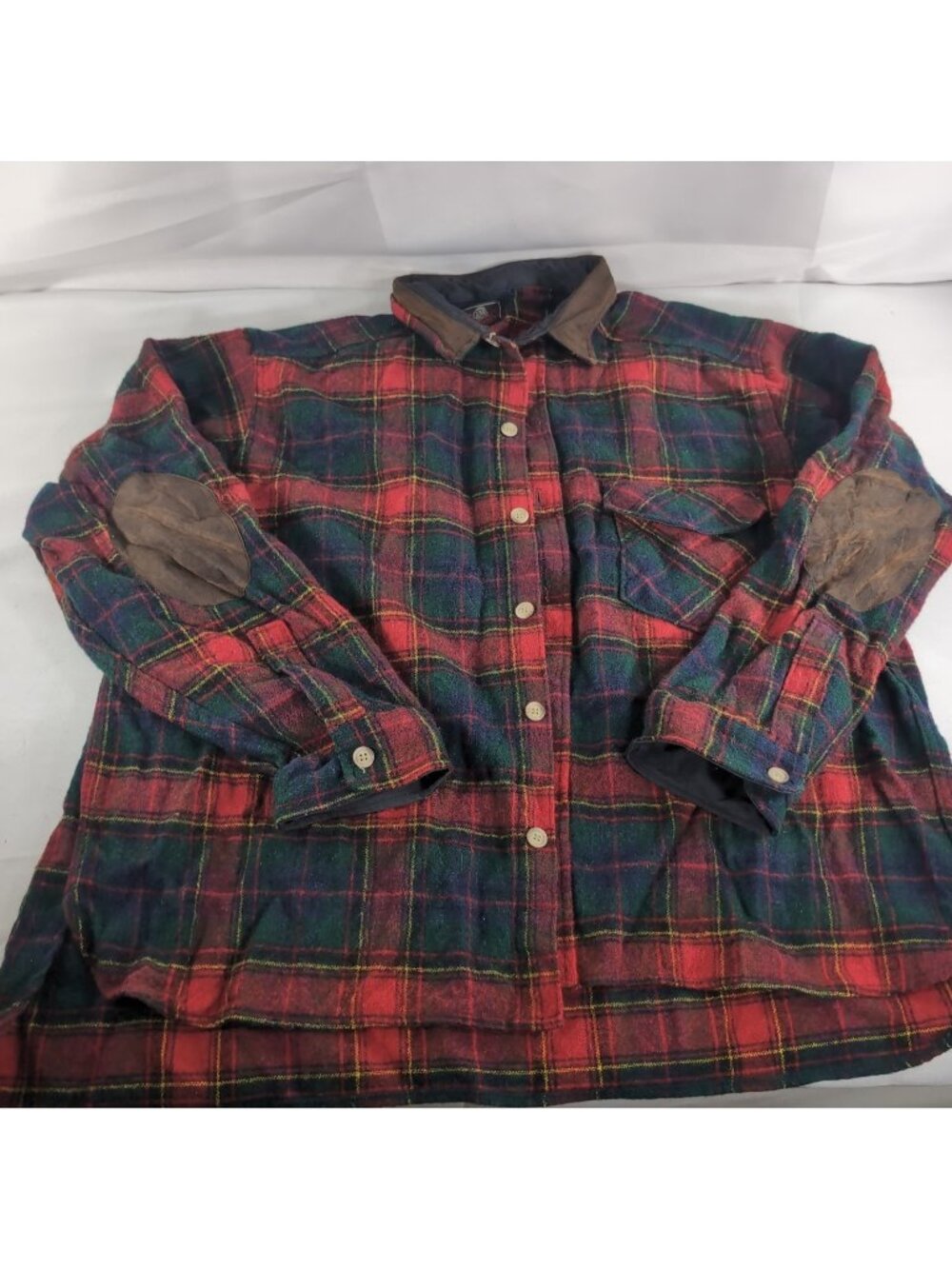 Johnson Woolen Mill Wool Leather Long Sleeve Button Down Shirt Elbow Pad L Plaid